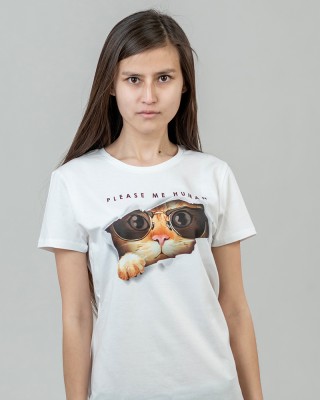 Футболка жіноча Кіт в сонячних окулярах біла - 03579