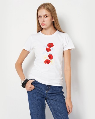 Футболка жіноча Вільна з квітами біла - 11502 Футболка жіноча Вільна з квітами біла - 11502