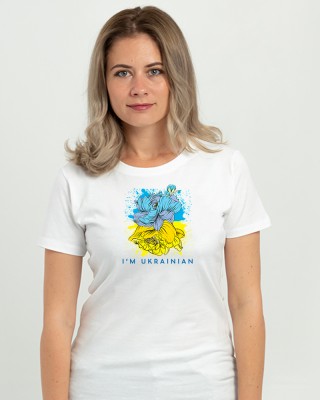 Футболка жіноча I'm Ukrainian з квітами біла - 11502 Футболка жіноча I'm Ukrainian з квітами біла - 11502