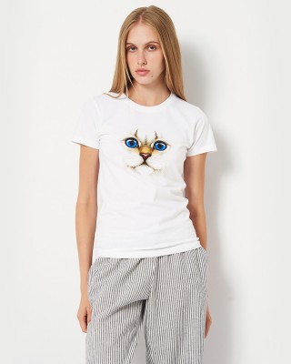 Футболка жіноча З кішкою білою з блакитними очима біла - 11502