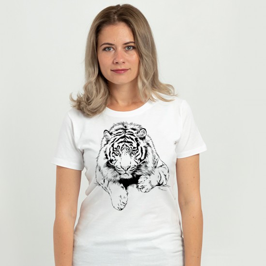 Футболка жіноча З тигром що полює біла - 11502