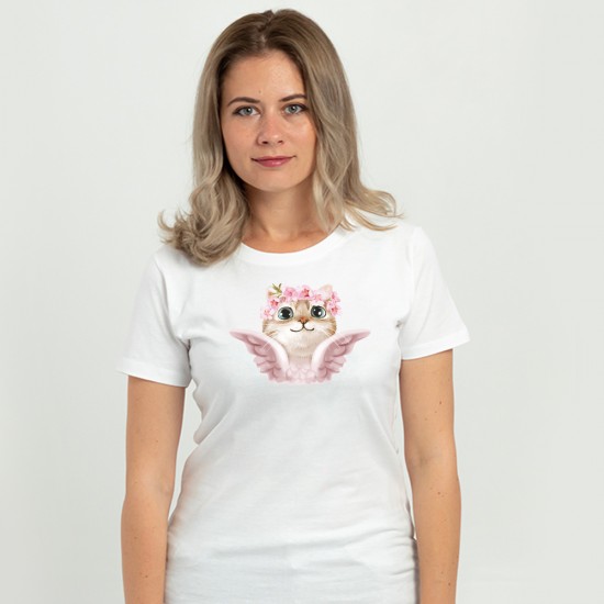 Футболка жіноча Кішка рожеве янголятко біла - 11502