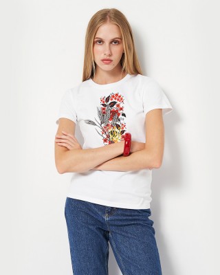Футболка жіноча Вишиванка герб та колосся біла - DTF11502
