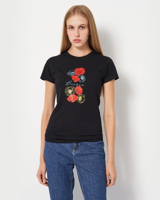Футболка жіноча Вільна з квітами чорна - 11502 Футболка жіноча Вільна з квітами чорна - 11502