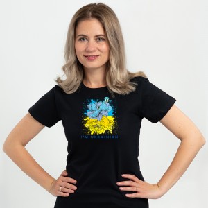 Футболка жіноча I'm Ukrainian з квітами чорна - 11502 Футболка жіноча I'm Ukrainian з квітами чорна - 11502