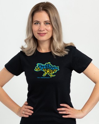 Футболка жіноча З картою України та квітами чорна - 11502 Футболка жіноча З картою України та квітами чорна - 11502