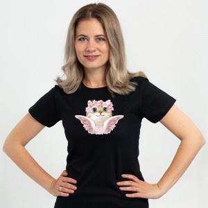 Футболка жіноча Кішка рожеве янголятко чорна - 11502 Футболка жіноча Кішка рожеве янголятко чорна - 11502