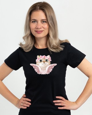Футболка жіноча Кішка рожеве янголятко чорна - 11502