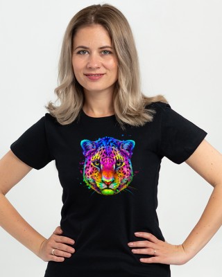 Футболка жіноча З леопардом кольоровим чорна - 11502 Футболка жіноча З леопардом кольоровим чорна - 11502