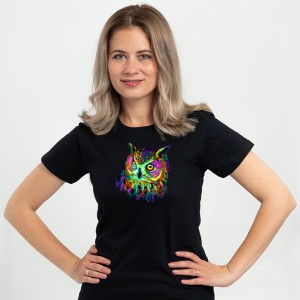 Футболка жіноча З совою кольоровою чорна - 11502 Футболка жіноча З совою кольоровою чорна - 11502