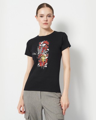 Футболка жіноча Вишиванка герб та колосся чорна - DTF11502