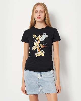 Футболка жіноча Птахи на квітах чорна - DTF11502 Футболка жіноча Птахи на квітах чорна - DTF11502