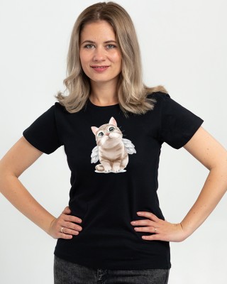 Футболка жіноча Кошеня-янголятко чорна - DTF11502