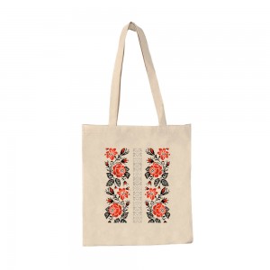 Шопер з довгими ручками Вишиванка червоні квіти натуральний Шопер з довгими ручками Вишиванка червоні квіти натуральний