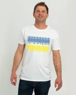 Футболка чоловіча Вишиванка великий прапор Ukraine біла - DTF11500 Футболка чоловіча Вишиванка великий прапор Ukraine біла - DTF11500