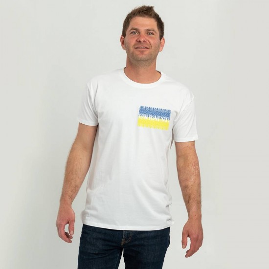 Футболка чоловіча Вишиванка маленький прапор Ukraine біла - DTF11500