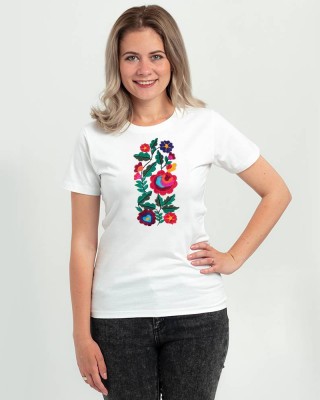 Футболка жіноча Вишиванка кольорові квіти біла - DTF11502