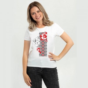 Футболка жіноча Вишиванка біло-червоні квіти біла - DTF11502 Футболка жіноча Вишиванка біло-червоні квіти біла - DTF11502