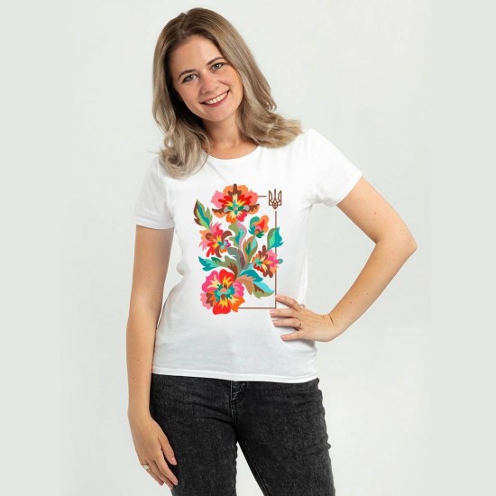 Футболка жіноча Вишиванка Різнокольорові квіти та герб біла - DTF11502