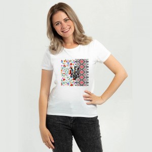 Футболка жіноча Вишиванка орнамент квіти герб біла - DTF11502 Футболка жіноча Вишиванка орнамент квіти герб біла - DTF11502