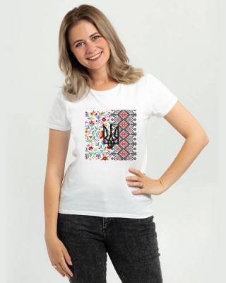 Футболка жіноча Вишиванка орнамент квіти герб біла - DTF11502