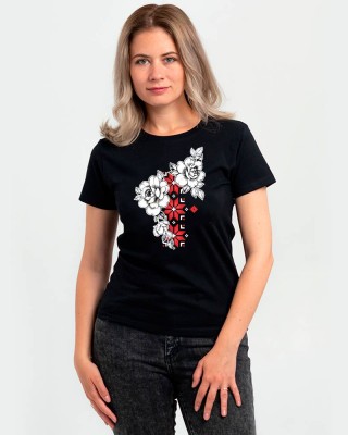 Футболка жіноча Вишиванка білі квіти чорна - DTF11502