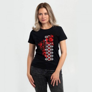 Футболка жіноча Вишиванка біло-червоні квіти чорна - DTF11502 Футболка жіноча Вишиванка біло-червоні квіти чорна - DTF11502