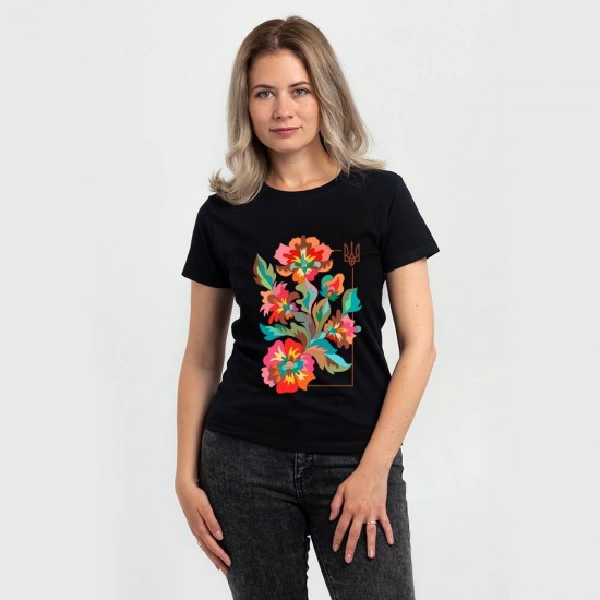 Футболка жіноча Вишиванка Різнокольорові квіти та герб чорна - DTF11502