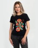 Футболка жіноча Вишиванка Різнокольорові квіти та герб чорна - DTF11502