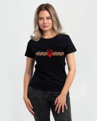 Футболка жіноча Вишиванка Квіти з гербом чорна - DTF11502