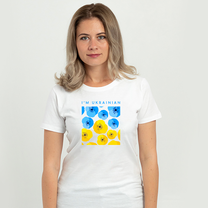 Жіноча футболка – кольоровий жовто-блакитний принт та напис